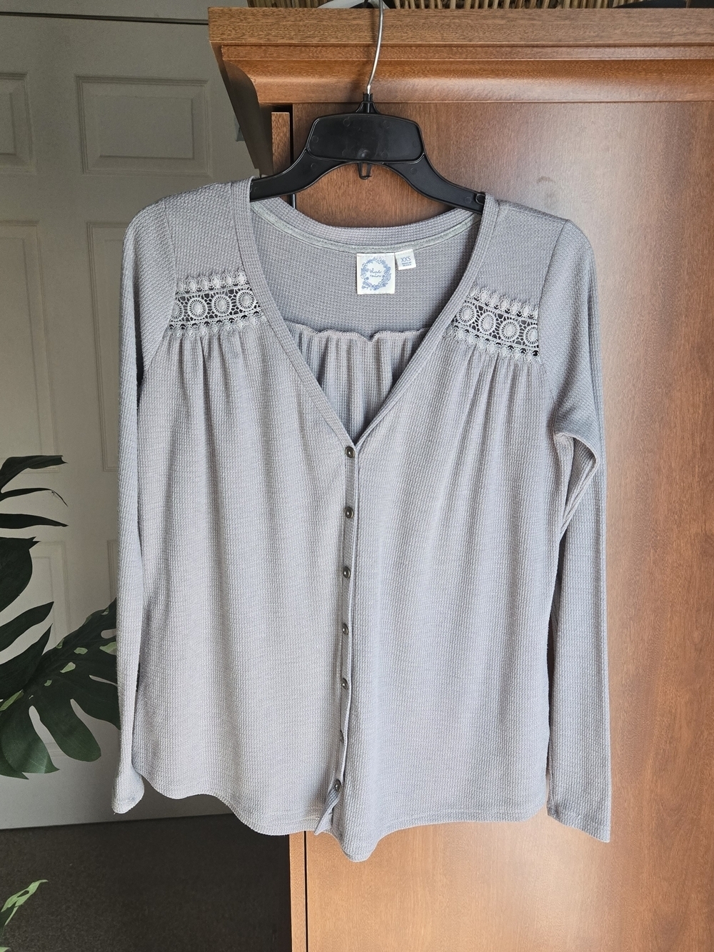 Blue Rain Gray Lace-Yoke Button Front Waffle Knit Top
